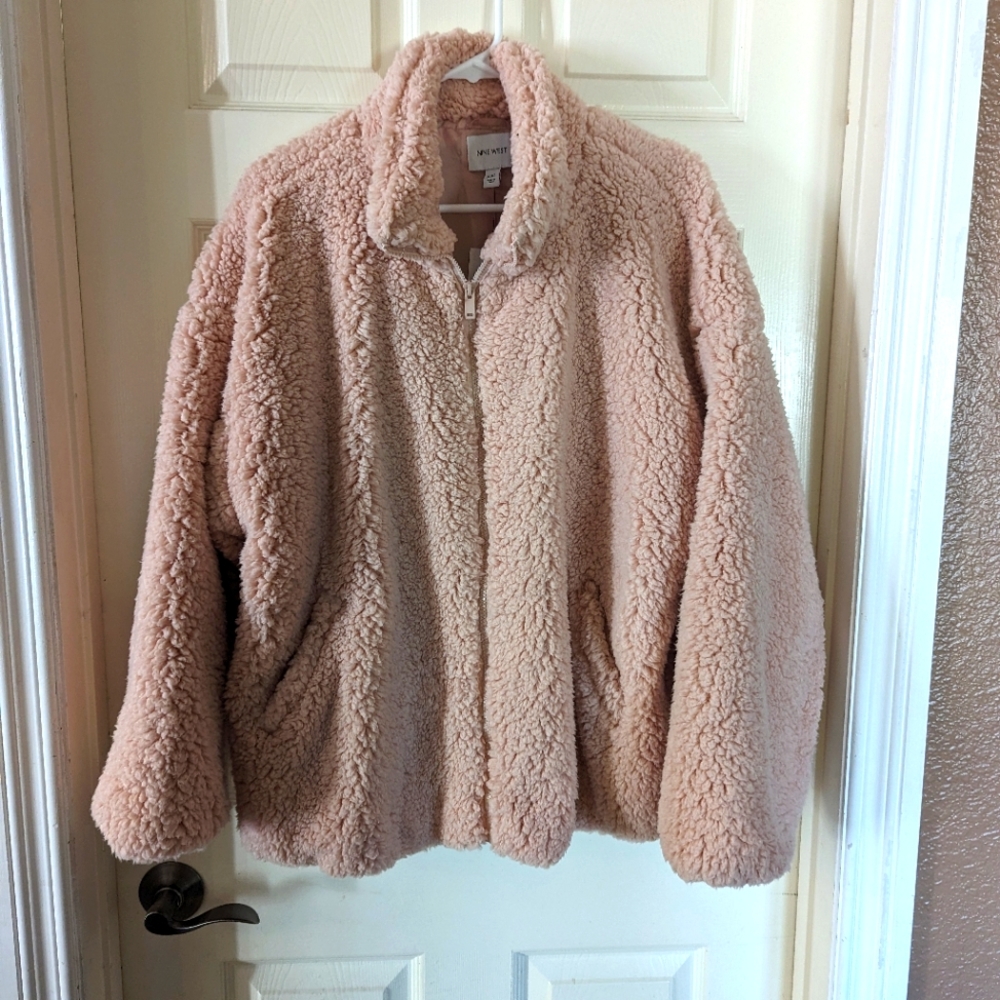 Nine West Full Zip Sherpa Teddy Coat Jacket. Blush Pink, Size XXL, fully lined